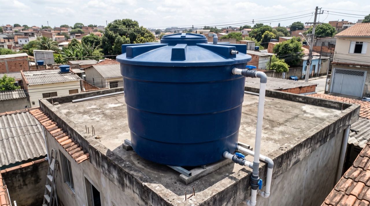 Caixa d'água de polietileno instalada na laje de um sobrado