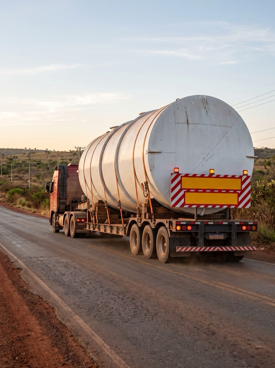 Reservatório metálico transportado em carreta na rodovia