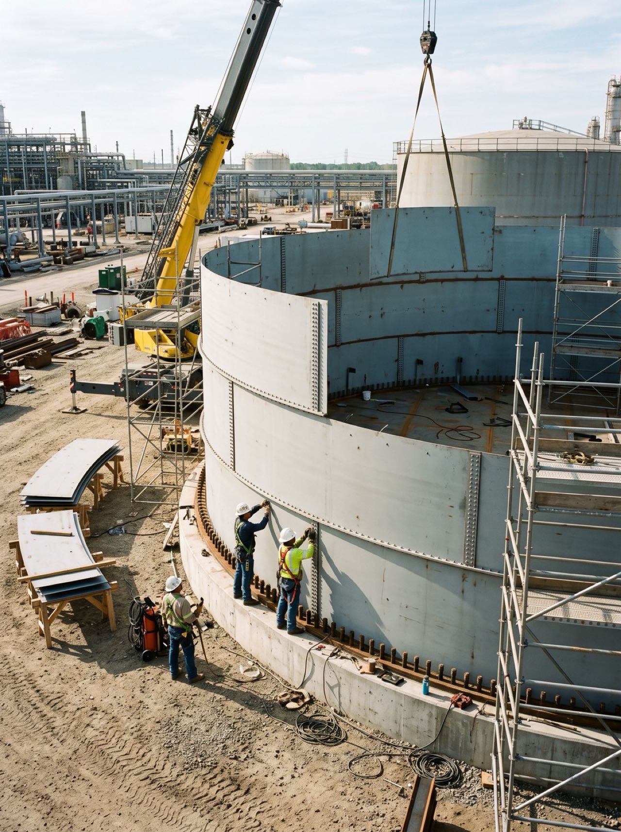 Montagem de reservatório metálico de grande porte em planta industrial